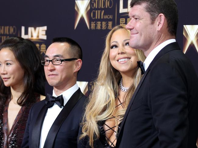 James Packer and Mariah Carey on the red carpet at the Studio City Grand Opening in Macau. Picture: Jonathan Ng