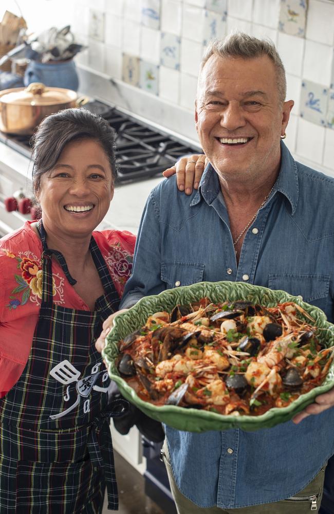 The chef and the finisher! Jane and Jimmy Barnes share their Zuppa di Pesce. Picture: Alan Benson/Supplied.