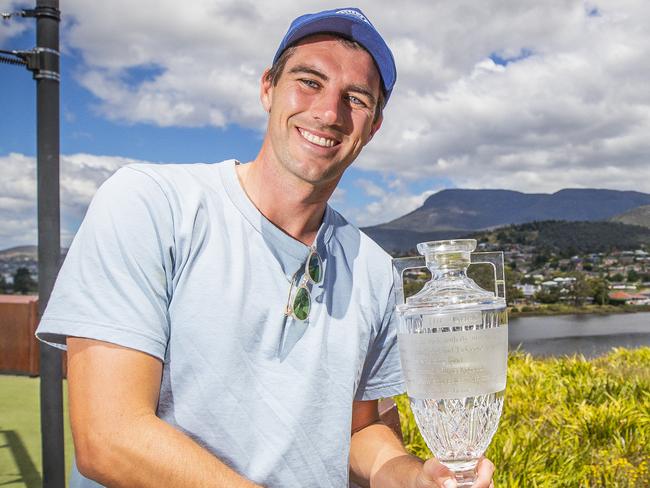 Aussie cricketers celebrating Ashes at Mona. Australian captain Pat Cummins with the Ashes trophy. Picture: Richard Jupe