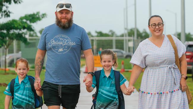 Ben and Jessica Baird with daughters Blaise and Harper (R) on Harper’s first day of school at Zuccoli Primary. Picture: GLENN CAMPBELL