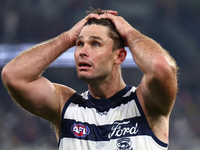 MELBOURNE, AUSTRALIA – MAY 04: Tom Hawkins of the Cats looks dejected after losing the round eight AFL match between Melbourne Demons and Geelong Cats at Melbourne Cricket Ground, on May 04, 2024, in Melbourne, Australia. (Photo by Quinn Rooney/Getty Images)