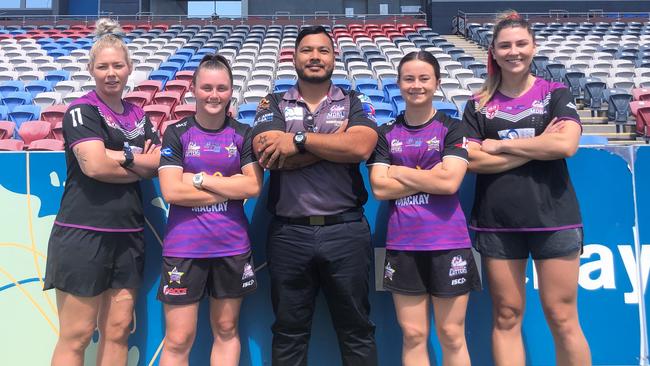 Tina Hancock, Casey Manzelmann, Cutters Women's Academy coach Marco Peters, Jessica Doring and Maggie Brosnan at BB Print Stadium today for the announcement.