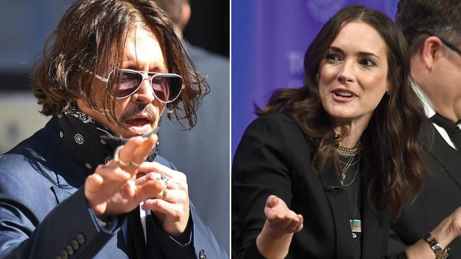 Johnny Depp outside court, left, and ex girlfriend Winona Ryder in 2019. Pictures: Getty/AFP