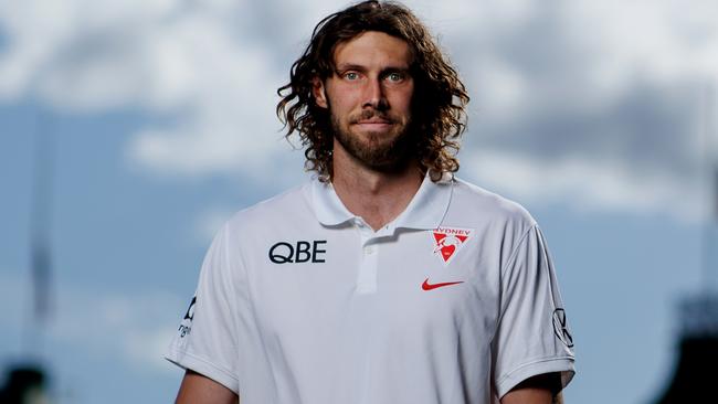 SYDNEY, AUSTRALIA - SEPTEMBER 19: Tom Hickey poses for a portrait during a Sydney Swans AFL media opportunity at the Sydney Cricket Ground at Sydney Cricket Ground on September 19, 2022 in Sydney, Australia. (Photo by Brendon Thorne/Getty Images)