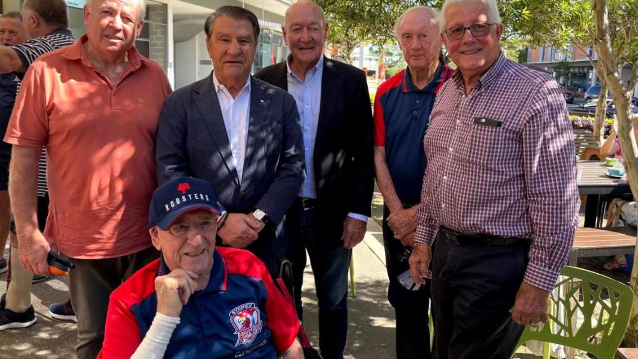 Former Roosters forward Bunny Reilly (front) with teammates John Quayle, Mike Cleary, Ron Coote and Kevin Junee along with chairman Nick Politis and director Peter Newton.