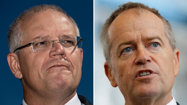 A composite image created on Tuesday, April 2, 2019 of,  Prime Minister Scott Morrison speaks at a press conference in Perth on Thursday, March 28, 2019. (AAP Image/Richard Wainwright) NO ARCHIVING **** Leader of the Opposition Bill Shorten speaks to the media during a visit to Holmesglen TAFE in Melbourne, Wednesday, March 27, 2019. (AAP Image/Erik Anderson) NO ARCHIVING