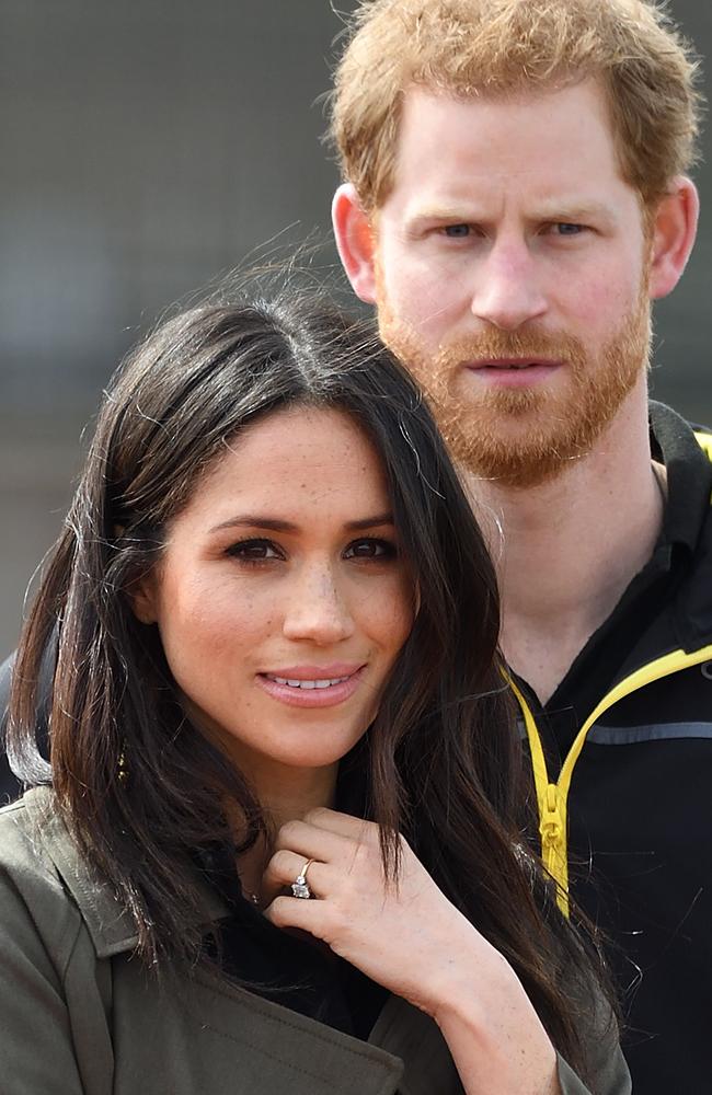 Meghan Markle’s engagement ring contains diamonds from Botswana where they sparked a romance. Picture: Georges Rogers/Mega