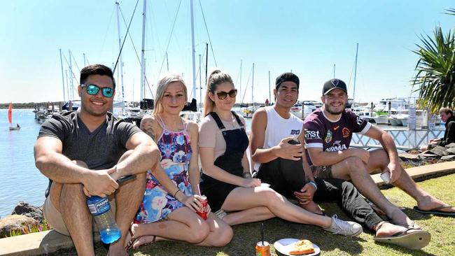 RELAXING AFTERNOON: Christopher Andrew, Chloe Devonshire, Rachell Lehberz, Chris Larson and Hayden McCracken at last year's inaugural Oceanfest Bundaberg Seafood Festival. Picture: Paul Donaldson BUN260817OCE11