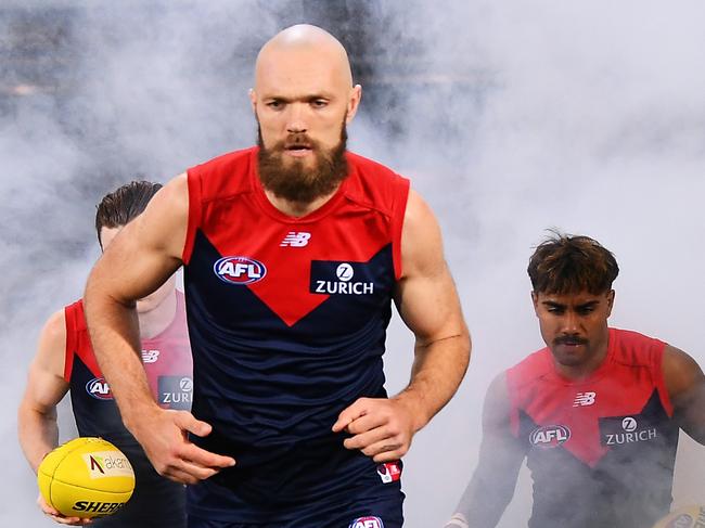 *APAC Sports Pictures of the Week - 2021, August 30* - ADELAIDE, AUSTRALIA - AUGUST 28: Max Gawn of the Demons   lead hjis team out of the race during the AFL First Qualifying Final match between Melbourne Demons and Brisbane Lions at Adelaide Oval on August 28, 2021 in Adelaide, Australia. (Photo by Mark Brake/Getty Images)