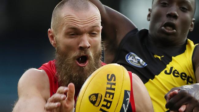 Max Gawn shadows the Demons’ entire midfield as the club’s best kick into the forward 50. Picture: AFL Photos/Getty Images