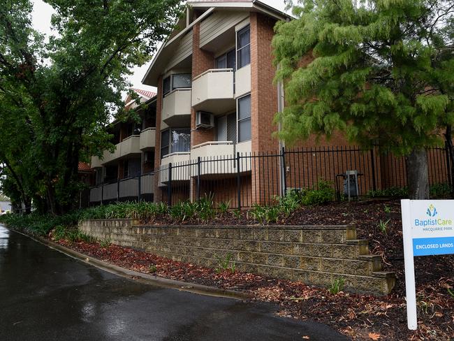 Signage at the entrance of the BaptistCare Dorothy Henderson Lodge Aged Care Centre in Sydney, Thursday, March 5, 2020.  An aged care nurse at the centre was diagnosed with novel coronavirus earlier this week. (AAP Image/Bianca De Marchi) NO ARCHIVING