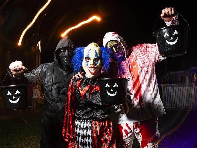 On Halloween are (from left) Alex Rhodes, Cooper Rhodes and Harley Solway, Thursday, October 31, 2024. Picture: Kevin Farmer