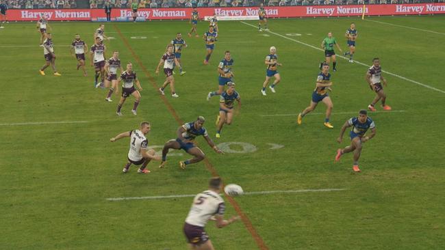 Strike two: Tom Trbojevic’s pass to Reuben Garrick is incorrectly ruled forward, costing the Sea Eagles victory against Parramatta.