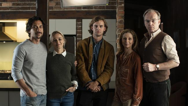 Bob Morley, Bojana Novakovic, William Lodder, Heather Mitchell and Hugo Weaving star in Love Me. Picture: Binge