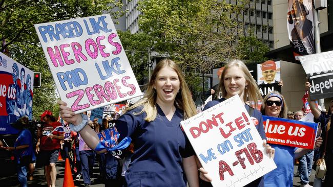 S Nurses and Midwives marched to state parliament in September as part of their 24 hour strike to demand better pay and for the NSW government to better value their professions. Picture: NewsWire / John Appleyard