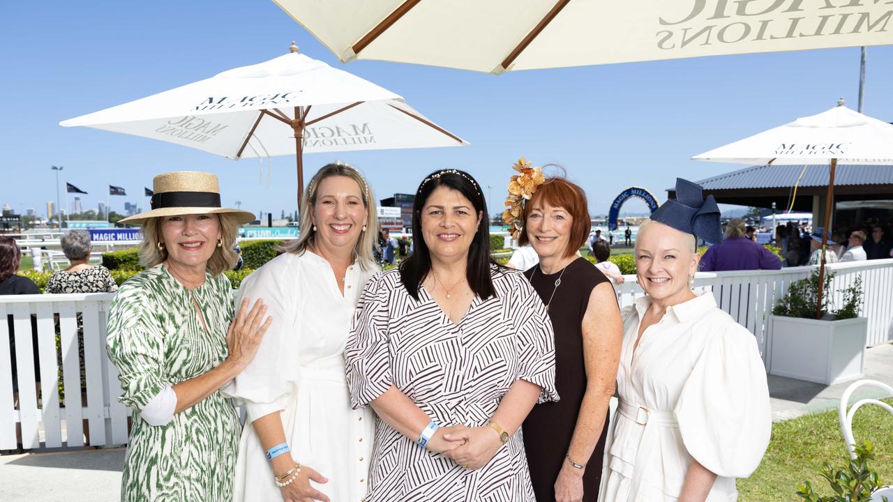 Women in Racing - Katie Page, Heather Browne, Grace Grace, Jane Seawright and Michelle McConachy at Magic Millions. Picture: Luke Marsden.