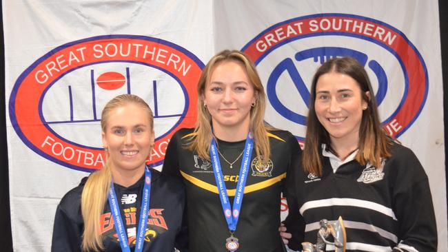 Jemma Ellis (middle) with Layla Rogers (left) and Renee Moon. Picture: Great Southern Football League