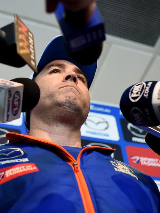 Brad Scott speaks to media. Picture: Tracey Nearmy/AAP