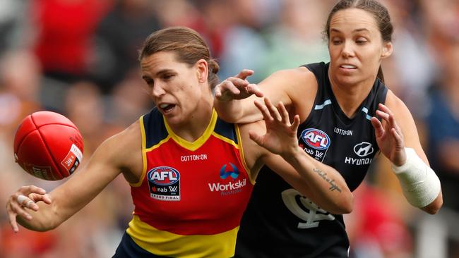 Crows co-captain Chelsea Randall competes for the ball against Carlton’s Brooke Walker during March’s AFLW grand final, which the Crows won by 45 points in front of a record 53.034 crowd at Adelaide Oval. Picture: MICHAEL WILLSON/AFL PHOTOS