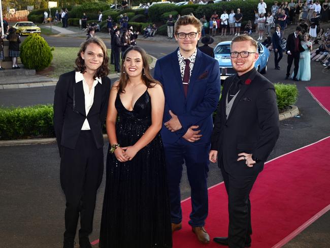 Harristown High School formal 2020 at Highfields Cultural Centre. From left; Ricky Robinson, Rebecca Sherrie, Zac Kurowski and Harrison Lamberth.