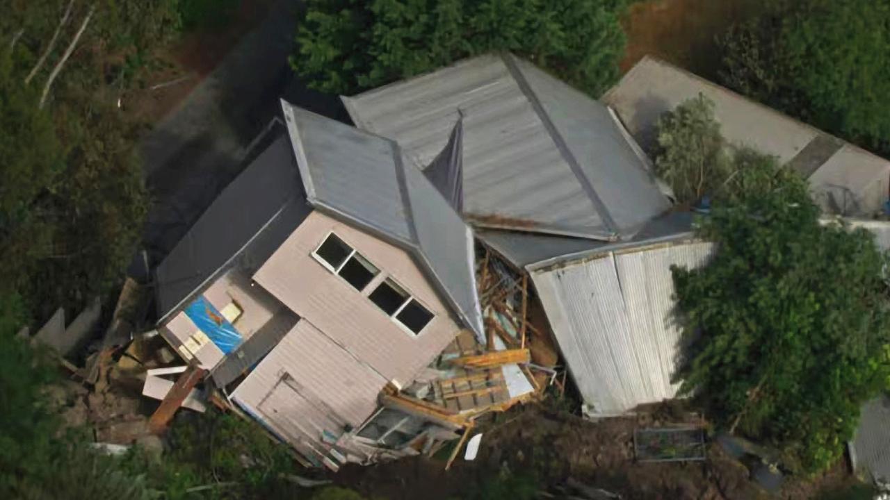 A house in View Point Rd, McCrae, on the Mornington Peninsula, toppled over following a landslide on this week. Picture: ABC.