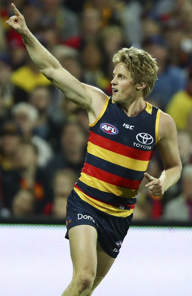 Adelaide Crows’ Rory Sloane celebrates after kicking a goal. Picture: Sarah Reed