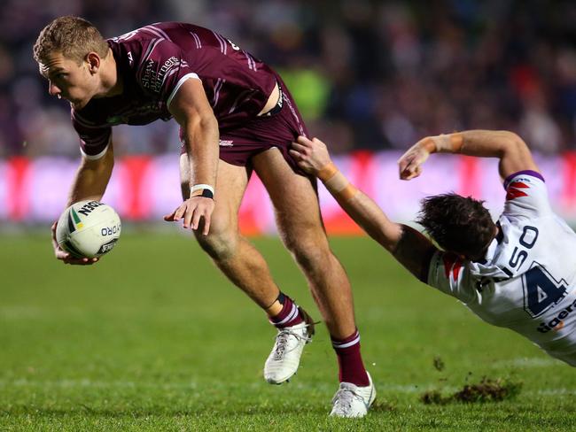 Tom Trbojevic failed to make much of an impact for the Sea Eagles during the round 18 NRL match between the Manly Sea Eagles and the Melbourne Storm at Lottoland. Picture: Getty Images