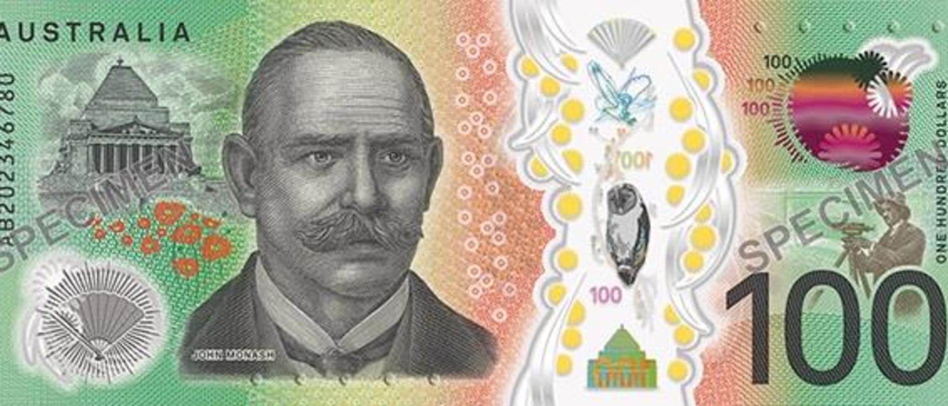 The side of the $100 note showing Sir John Monash. Picture: supplied