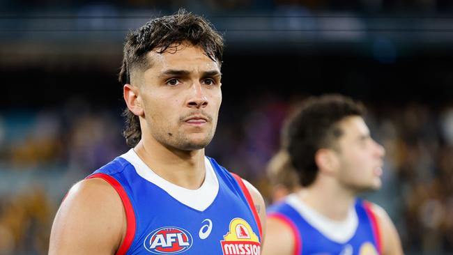 MELBOURNE, AUSTRALIA - SEPTEMBER 06: Jamarra Ugle-Hagan of the Bulldogs looks dejected after a loss during the 2024 AFL Second Elimination Final match between the Western Bulldogs and the Hawthorn Hawks at The Melbourne Cricket Ground on September 06, 2024 in Melbourne, Australia. (Photo by Dylan Burns/AFL Photos via Getty Images)