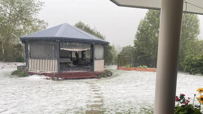 A winter wonderland at Flaxton after hail came down on the Sunshine Coast during storms. Photo: Kristen Brearley