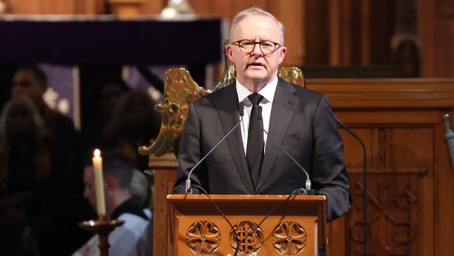 Prime Minister Anthony Albanese spoke during the funeral service. Picture: NCA NewsWire/David Mariuz