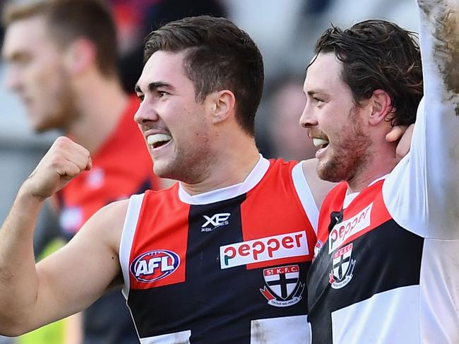 MELBOURNE, AUSTRALIA - JULY 01:  Jade Gresham and Jack Steven of the Saints celebrate a goal during the round 15 AFL match between the Melbourne Demons and the St Kilda Saints at Melbourne Cricket Ground on July 1, 2018 in Melbourne, Australia.  (Photo by Quinn Rooney/Getty Images)