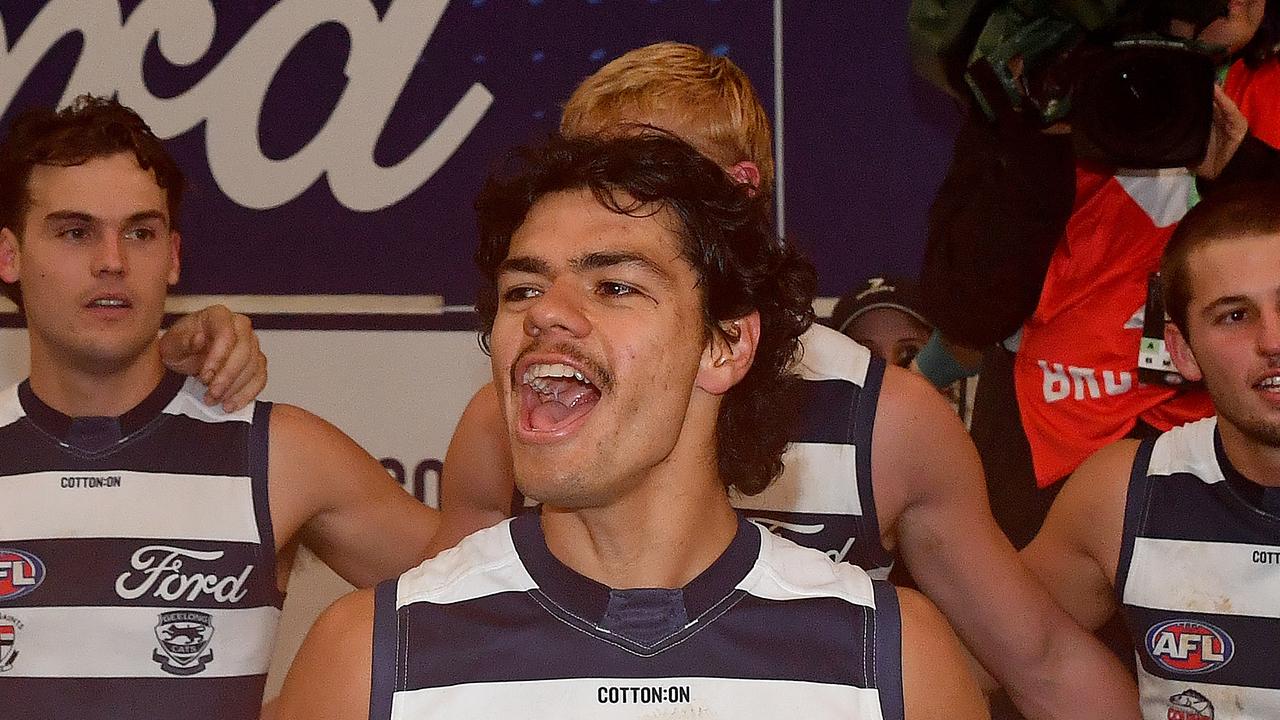 Mature-age recruit Lawson Humphries slotted in nicely across halfback with 15 disposals on his AFL debut for Geelong. Picture: Josh Chadwick / Getty Images