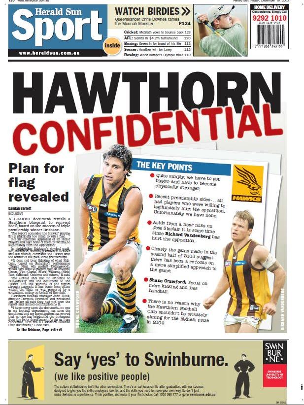 Barrett’s back page story on the Hawks.