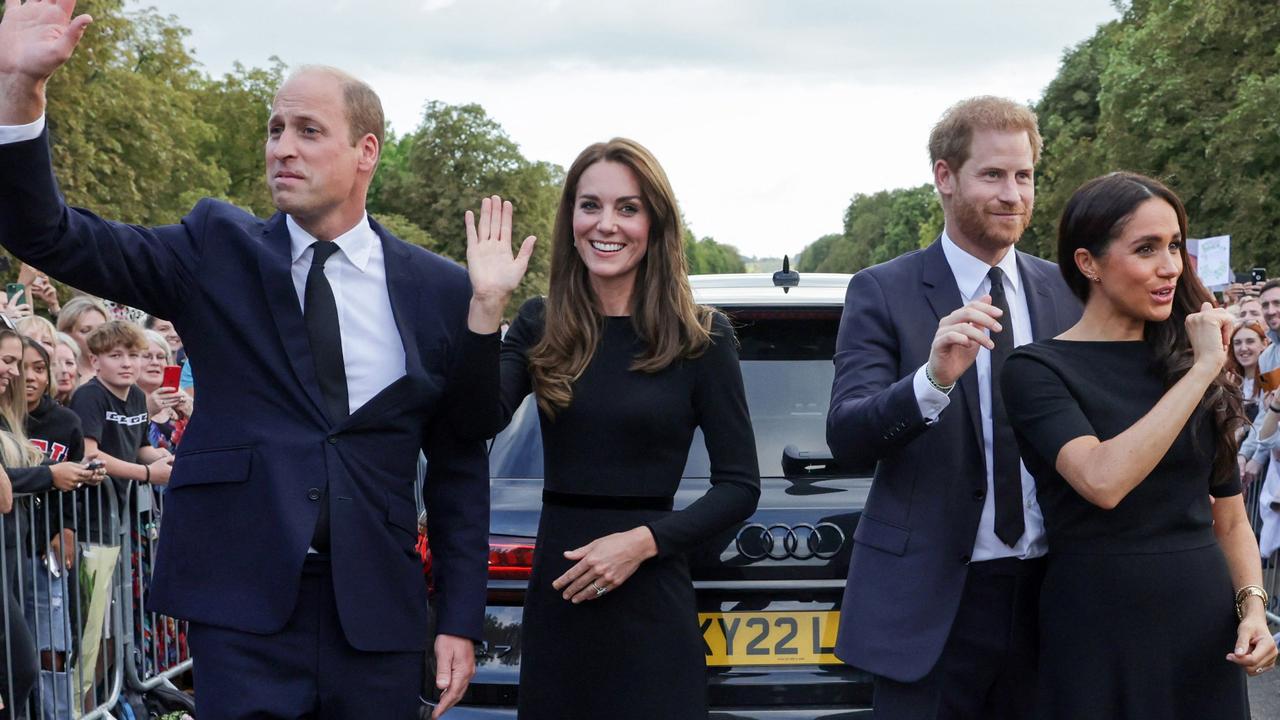 The two royal couples wave to mourners before heading into their cars. Picture: Chris Jackson/AFP