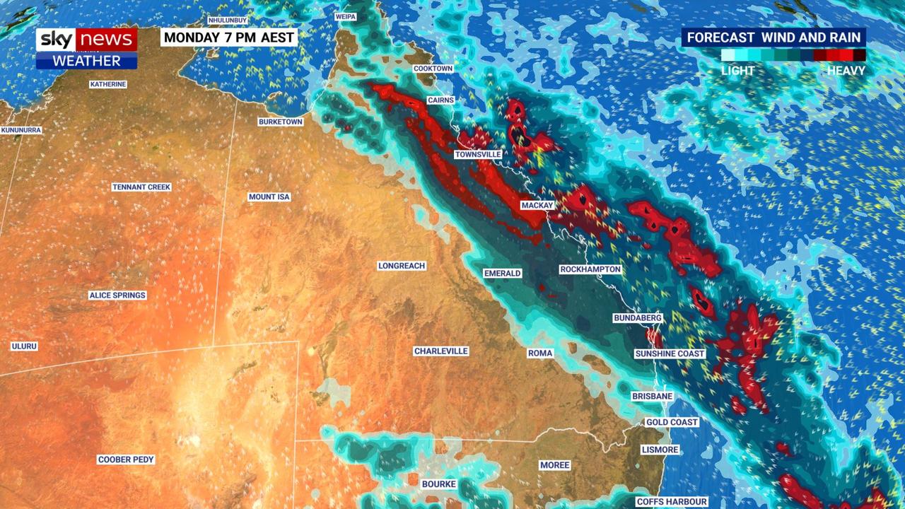 Sunday heading into Monday will likely see intense rain for coastal Queensland. Picture: Sky News Weather
