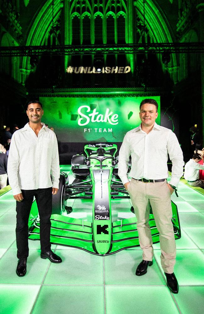 Stake founders Bijan Tehrani and Edward Craven unveil Stake's new F1 car. Picture: Supplied