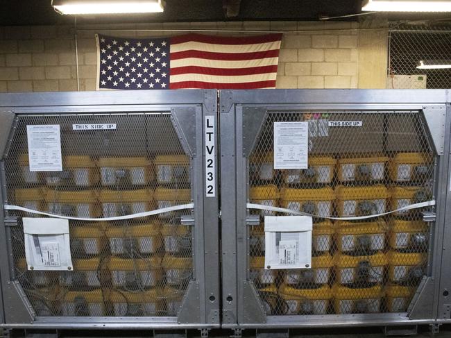 Cages of ventilators at the New York City Emergency Management Warehouse. Picture: AP