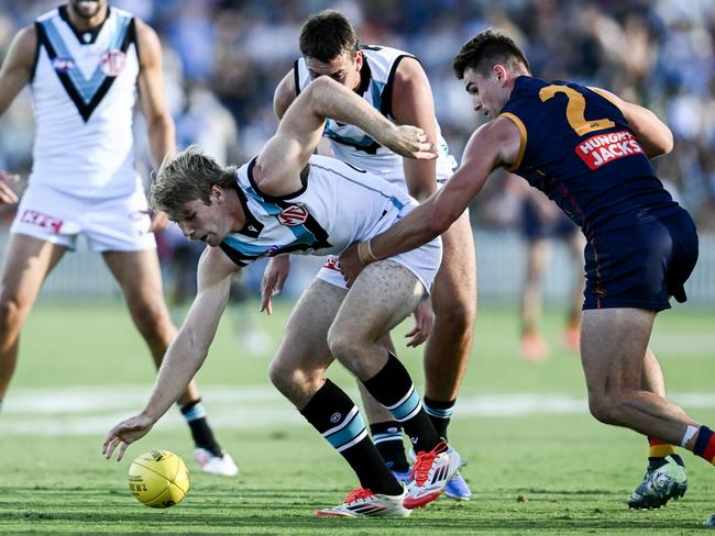 Jason Horne-Francis wins the ball in front of Ben Keays. Picture: Mark Brake/Getty Images