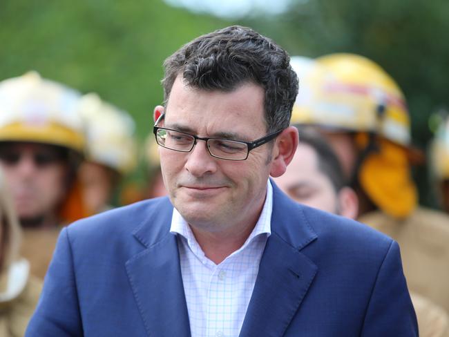 Minster Jane Garrett resigns from cabinet. Permier Daniel Andrews holds a press conference at Parliament with firefighters. Picture: Alex Coppel.