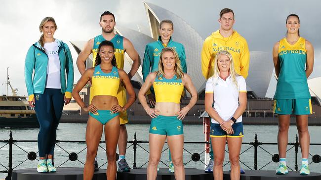 Sally Pearson (front, middle) was athletics team captain for Rio. Picture: Brett Costello