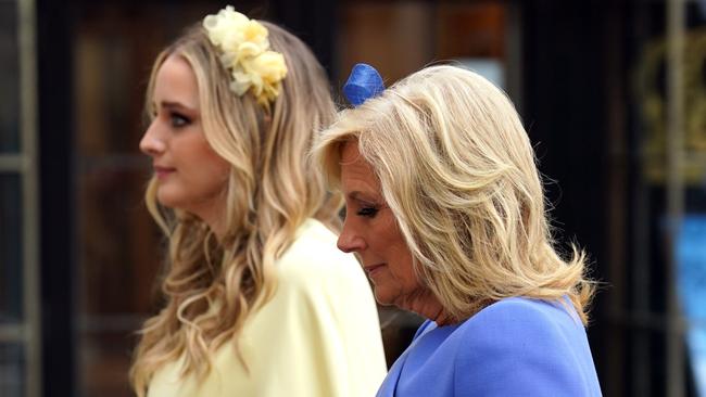 US first lady Jill Biden and her granddaughter Finnegan Biden arrive at Westminster Abbey. Picture: Getty Images