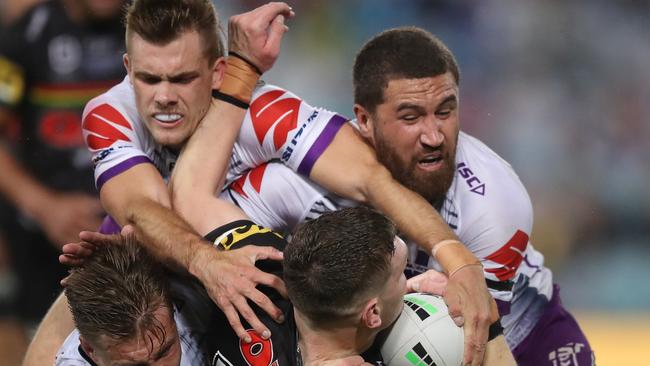 Penrith's Liam Martin is tackled during the 2020 NRL Grand Final between the Penrith Panthers and Melbourne Storm at ANZ Stadium, Homebush. Picture: Brett Costello