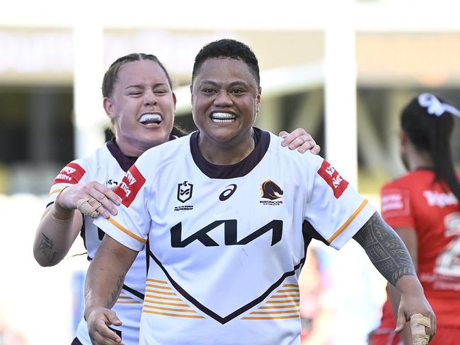 TOWNSVILLE, AUSTRALIA - SEPTEMBER 21: Mele Hufanga of the Broncos celebrates after scoring a try  during the round nine NRLW match between St George Illawarra Dragons and Brisbane Broncos at Queensland Country Bank Stadium on September 21, 2024 in Townsville, Australia. (Photo by Ian Hitchcock/Getty Images)