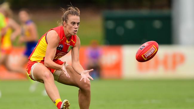 PERTH, AUSTRALIA - MARCH 15: Jamie Stanton of the Suns gathers the ball during the 2020 AFLW Round 06 match between the West Coast Eagles and the Gold Coast Suns at Mineral Resources Park on March 15, 2020 in Perth, Australia. (Photo by Daniel Carson/AFL Photos via Getty Images)