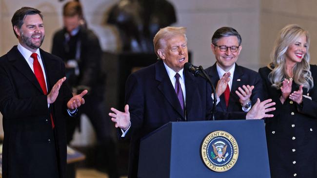 US President Donald Trump delivers remarks in Emancipation Hall during inauguration ceremonies at the US Capitol in Washington, DC, on January 20, 2025. (Photo by Graeme JENNINGS / POOL / AFP)