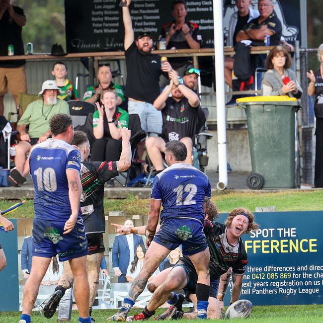Sawtell players and fans celebrate Thornton’s try. Picture: D Wigley
