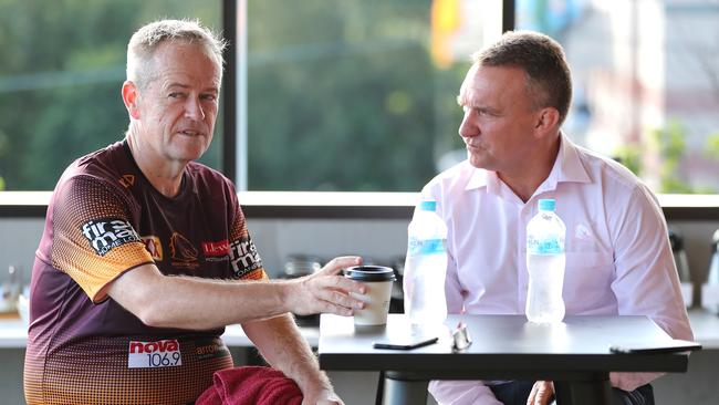 Bill Shorten with Broncos CEO Paul White after going for a run with Broncos players at Red Hill. Picture: Peter Wallis