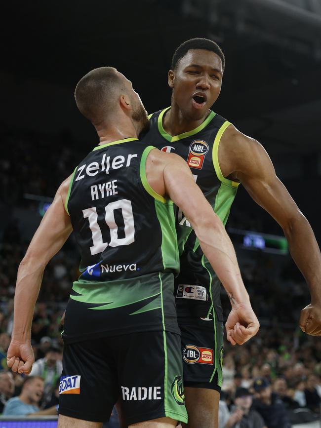 Malique Lewis stepped up, taking on 36ers big man Montrezl Harrell. Picture: Daniel Pockett/Getty Images