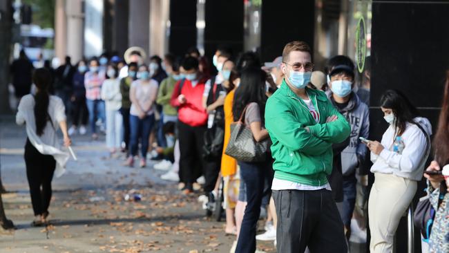 Long queues for Covid testing, like the one at a clinic at Ultimo in Sydney on Thursday are a common sight, leading to soaring demand for home test kits. Picture: Richard Dobson